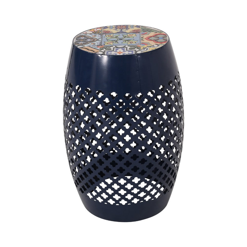 Rosie Outdoor Side Table, Dark Blue Iron, Lace Cut Drum Shape, 12 Inch -BM335353