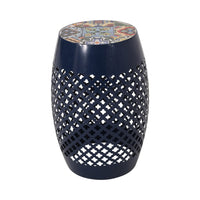 Rosie Outdoor Side Table, Dark Blue Iron, Lace Cut Drum Shape, 12 Inch -BM335353