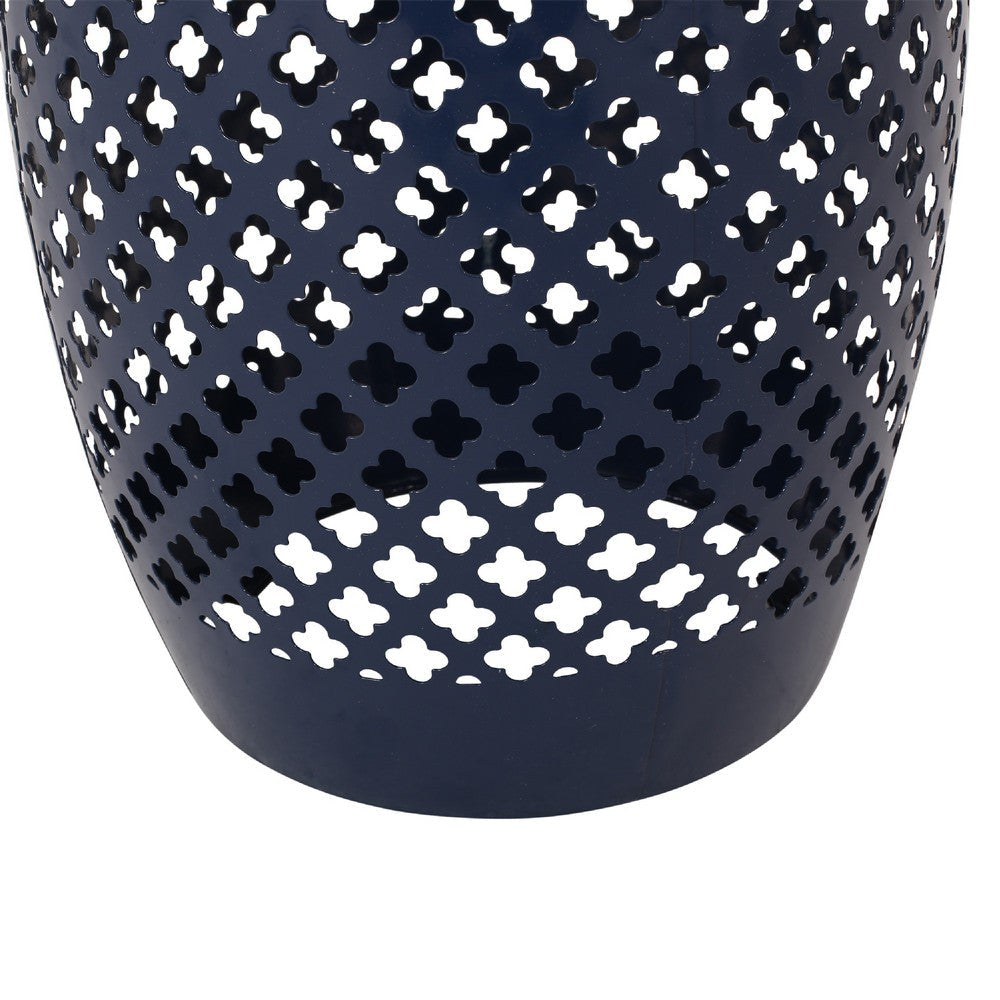 Rosie Outdoor Side Table, Dark Blue Iron, Lace Cut Drum Shape, 12 Inch -BM335353