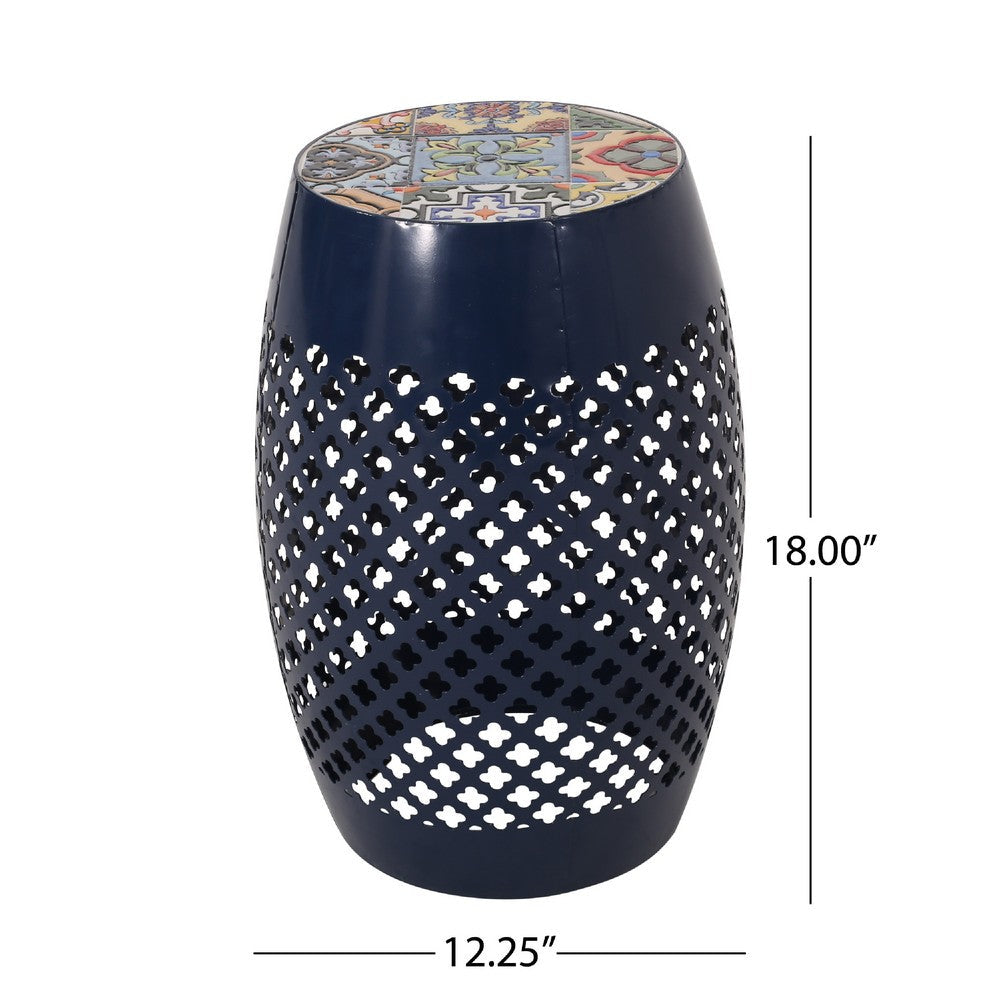 Rosie Outdoor Side Table, Dark Blue Iron, Lace Cut Drum Shape, 12 Inch -BM335353