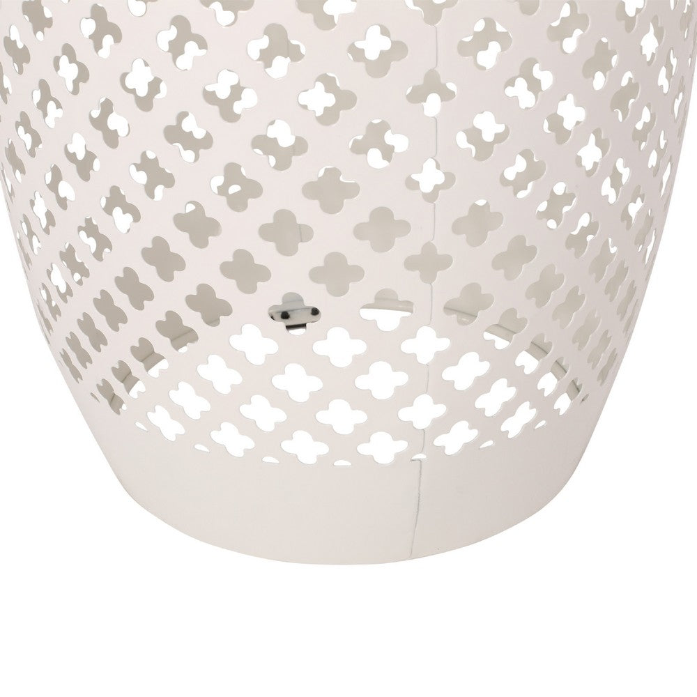 Rosie Outdoor Side Table, White Iron, Lace Cut Drum Structure, 12 Inch -BM335354