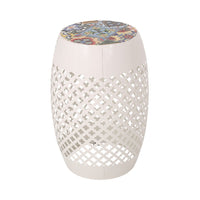 Rosie Outdoor Side Table, White Iron, Lace Cut Drum Structure, 12 Inch -BM335354