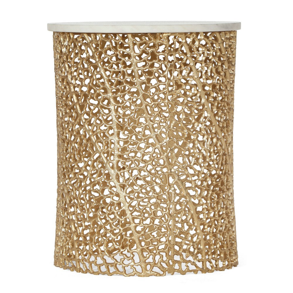 Accent Table, 16 Inch White Marble Top, Gold Metal Mesh Design Base -BM335358