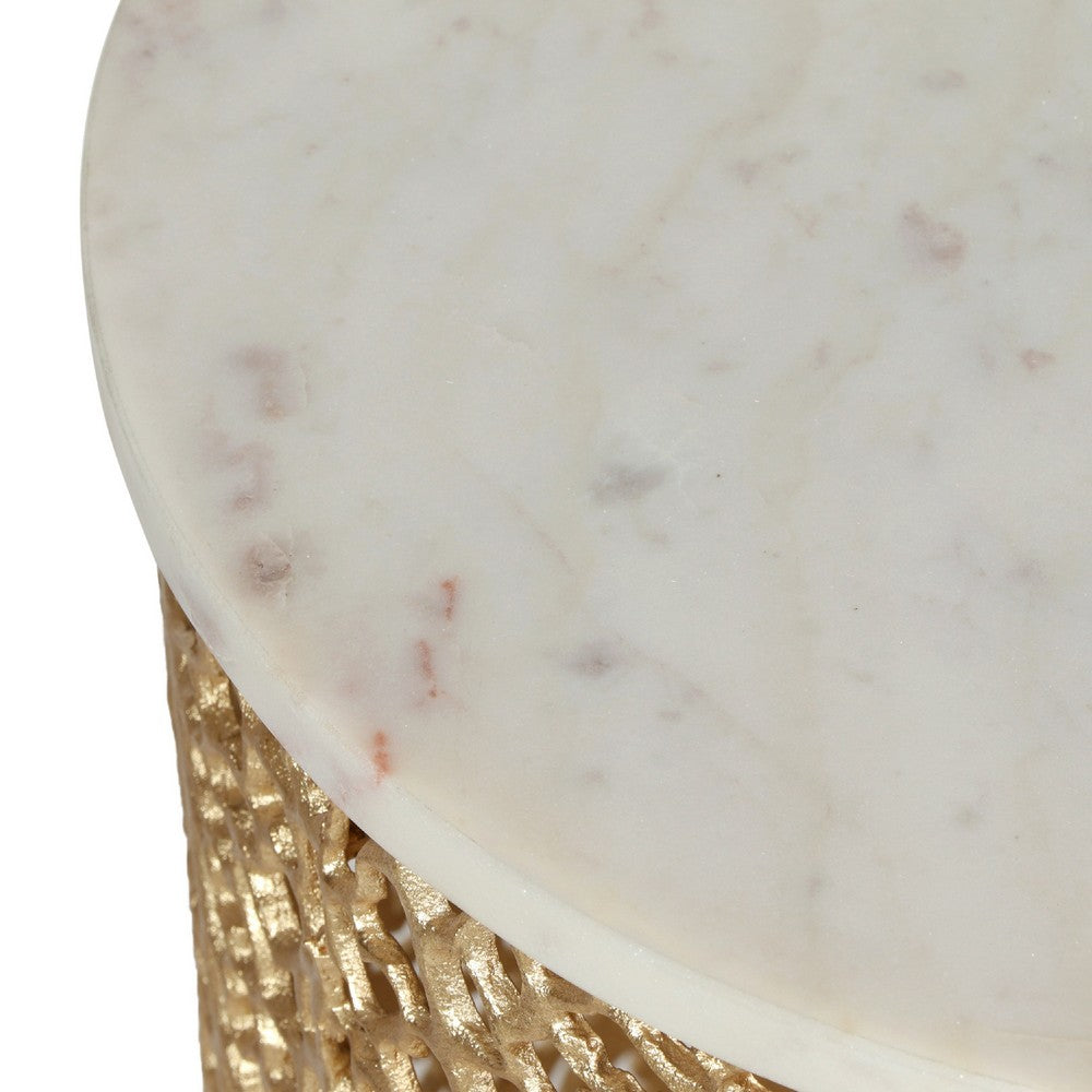 Accent Table, 16 Inch White Marble Top, Gold Metal Mesh Design Base -BM335358