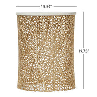 Accent Table, 16 Inch White Marble Top, Gold Metal Mesh Design Base -BM335358
