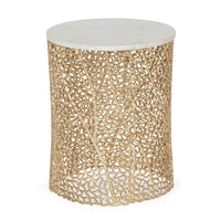 Accent Table, 16 Inch White Marble Top, Gold Metal Mesh Design Base -BM335358