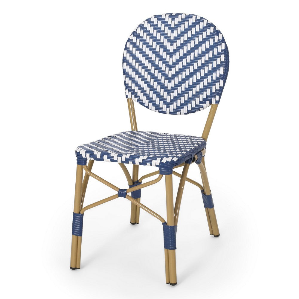 Outdoor French Bistro Chair Set of 2, White Blue Wicker Woven, Brown -BM335368