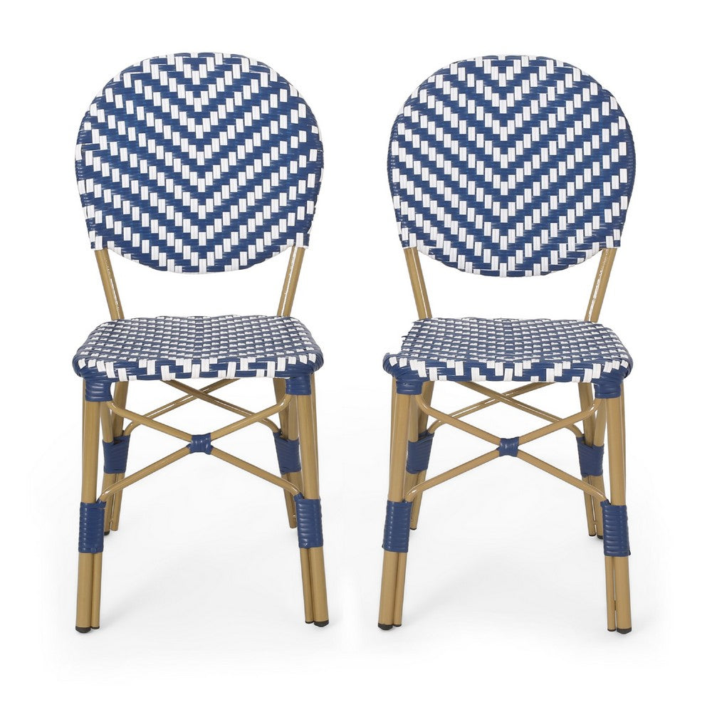 Outdoor French Bistro Chair Set of 2, White Blue Wicker Woven, Brown -BM335368