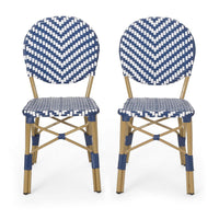 Outdoor French Bistro Chair Set of 2, White Blue Wicker Woven, Brown -BM335368