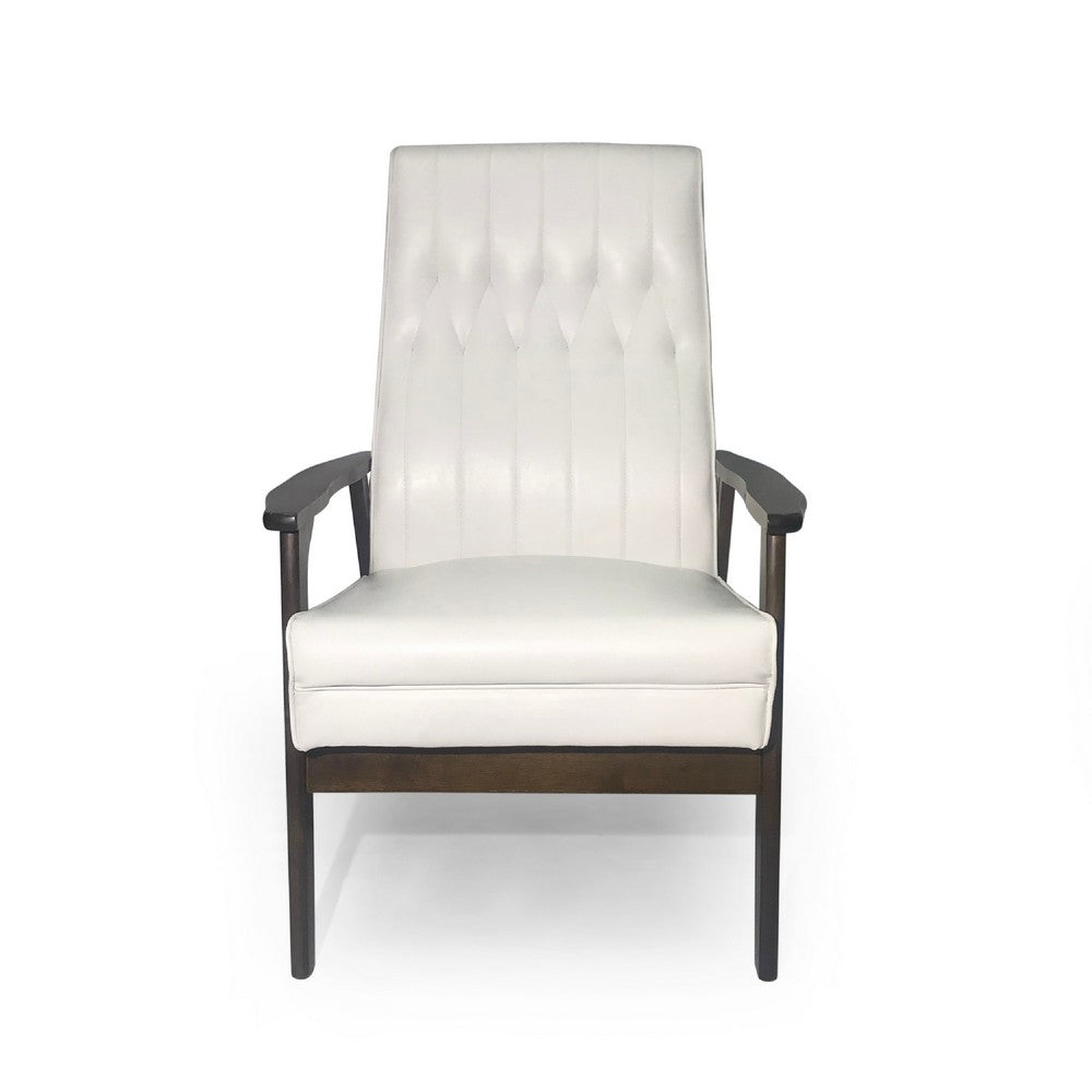 Modern Accent Chair, Snow White Tufted Faux Leather, Brown Rubberwood -BM335370