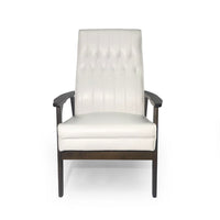 Modern Accent Chair, Snow White Tufted Faux Leather, Brown Rubberwood -BM335370