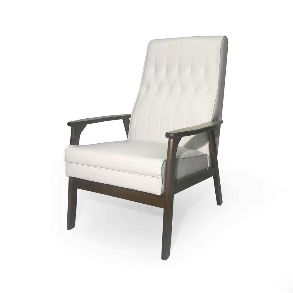 Modern Accent Chair, Snow White Tufted Faux Leather, Brown Rubberwood -BM335370