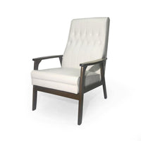 Modern Accent Chair, Snow White Tufted Faux Leather, Brown Rubberwood -BM335370