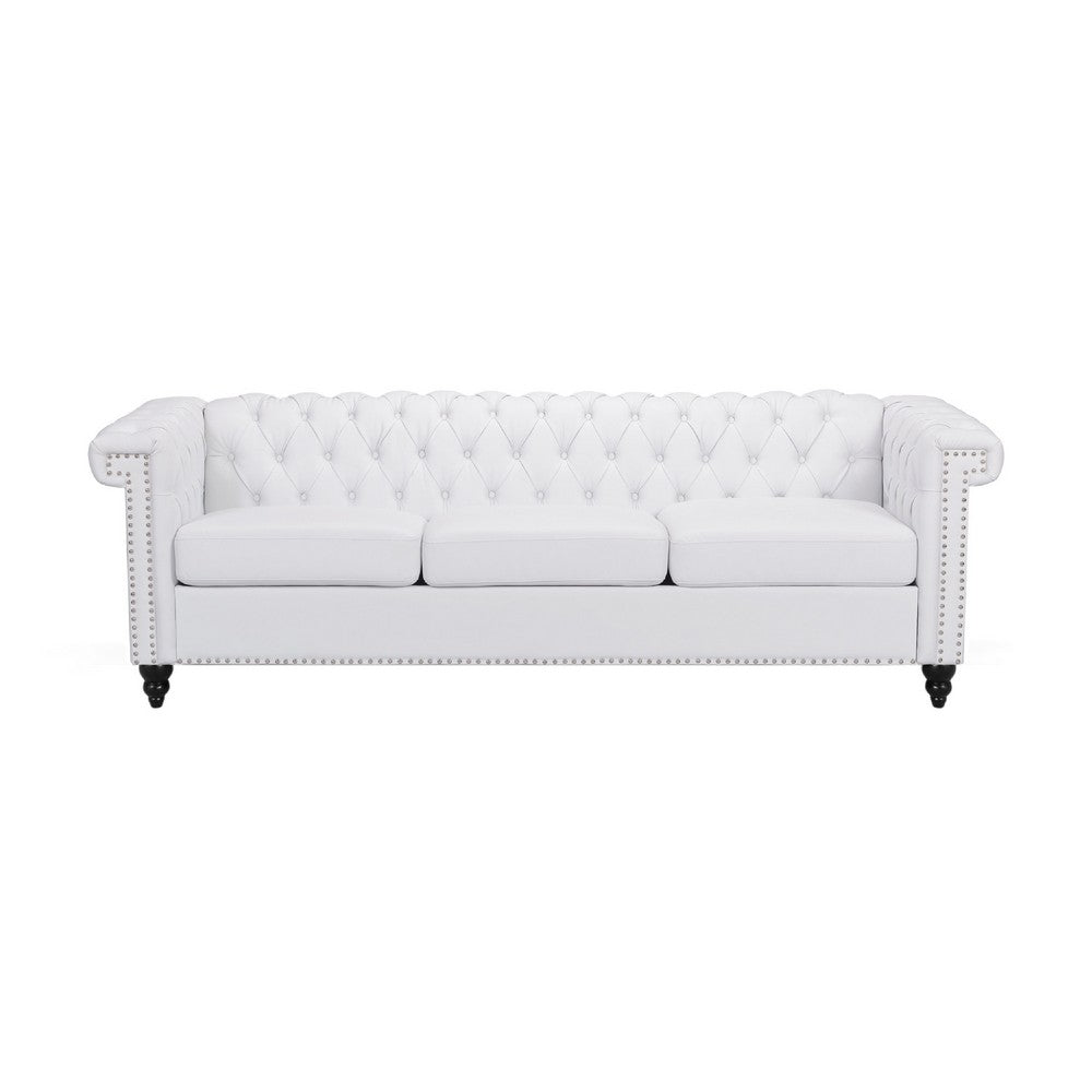 Chis Sofa, Deep Chesterfield Tufted White Faux Leather, 83 Inch -BM335398