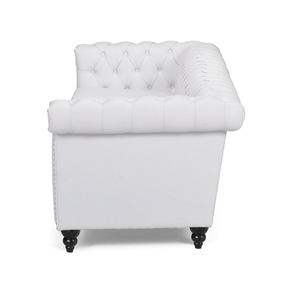 Chis Sofa, Deep Chesterfield Tufted White Faux Leather, 83 Inch -BM335398