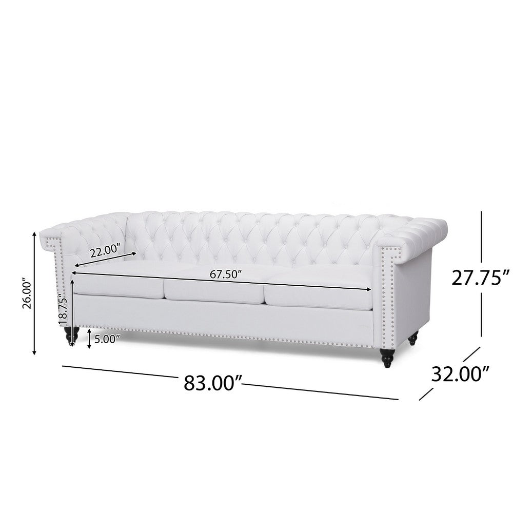 Chis Sofa, Deep Chesterfield Tufted White Faux Leather, 83 Inch -BM335398