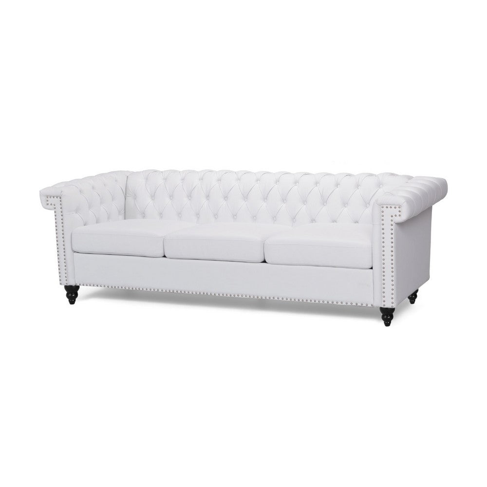 Chis Sofa, Deep Chesterfield Tufted White Faux Leather, 83 Inch -BM335398