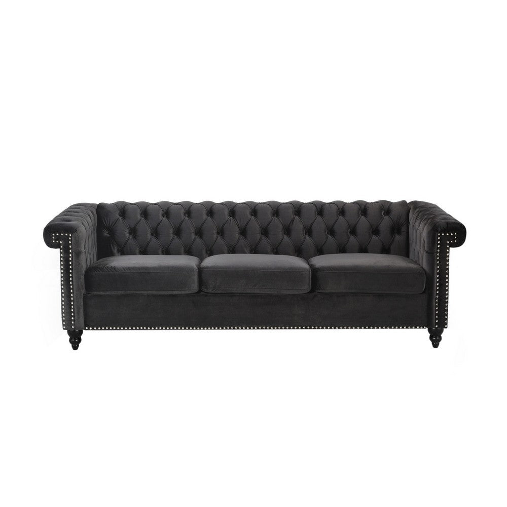 Chis 3 Seater Sofa, Chesterfield Tufted Black Velvet, 83 Inch -BM335399