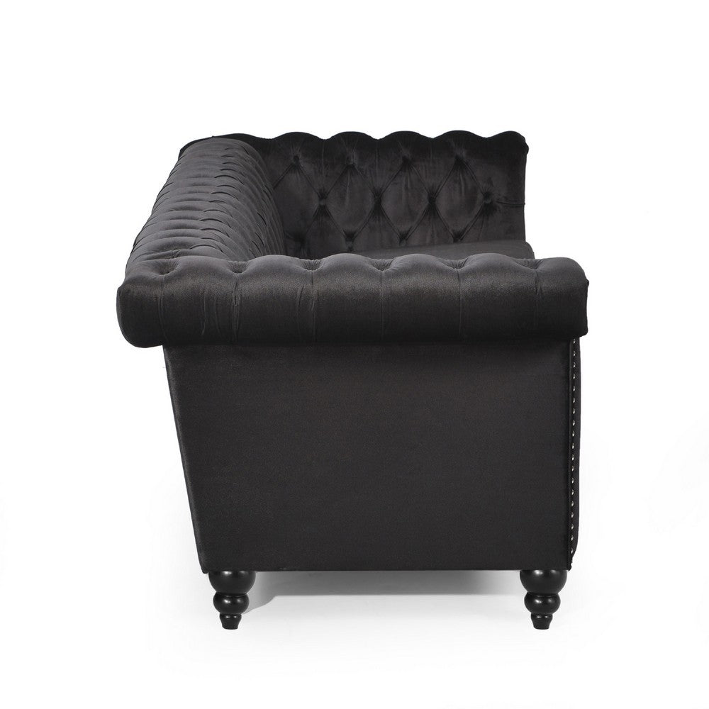 Chis 3 Seater Sofa, Chesterfield Tufted Black Velvet, 83 Inch -BM335399