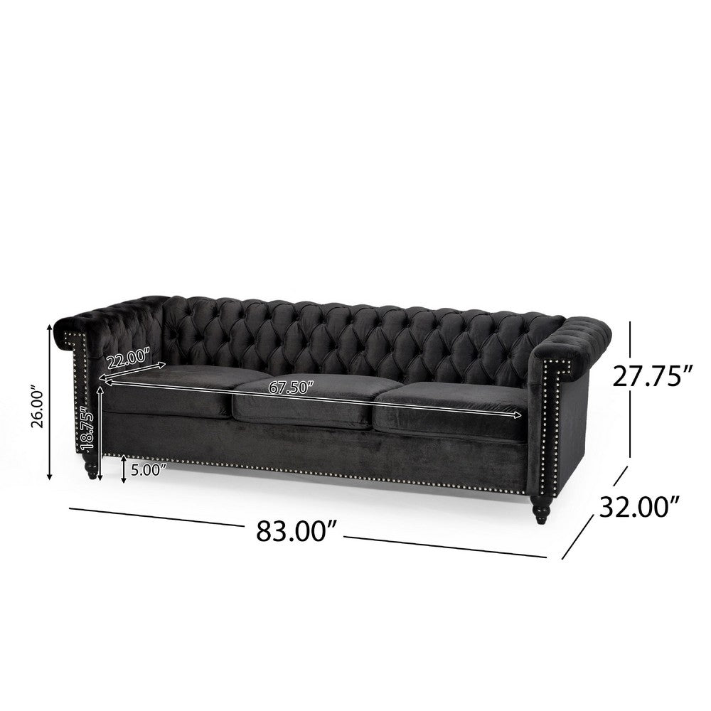 Chis 3 Seater Sofa, Chesterfield Tufted Black Velvet, 83 Inch -BM335399