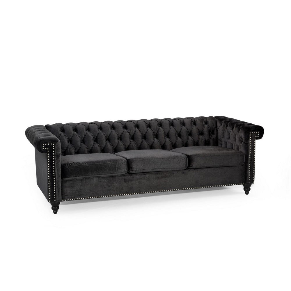 Chis 3 Seater Sofa, Chesterfield Tufted Black Velvet, 83 Inch -BM335399