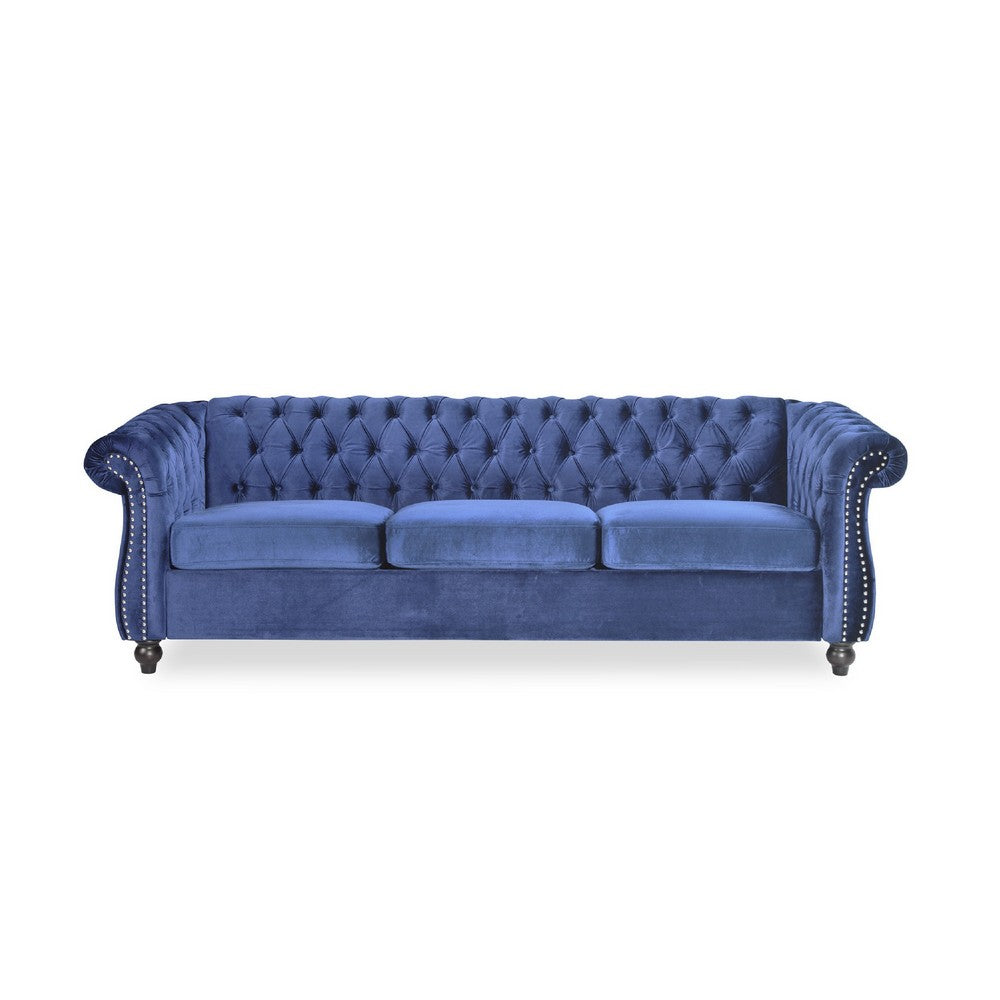 Nisy 3 Seater Sofa, Chesterfield Dark Blue Velvet Tufted Back, 85 Inch -BM335407