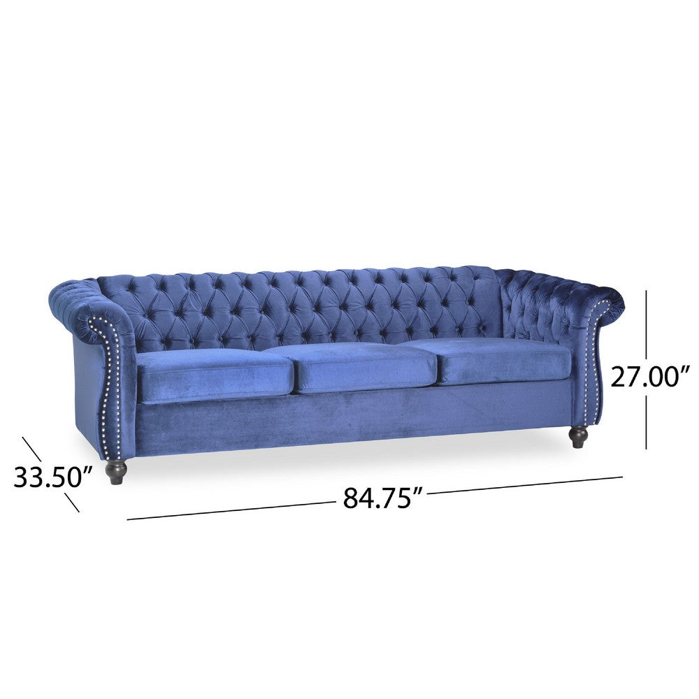 Nisy 3 Seater Sofa, Chesterfield Dark Blue Velvet Tufted Back, 85 Inch -BM335407