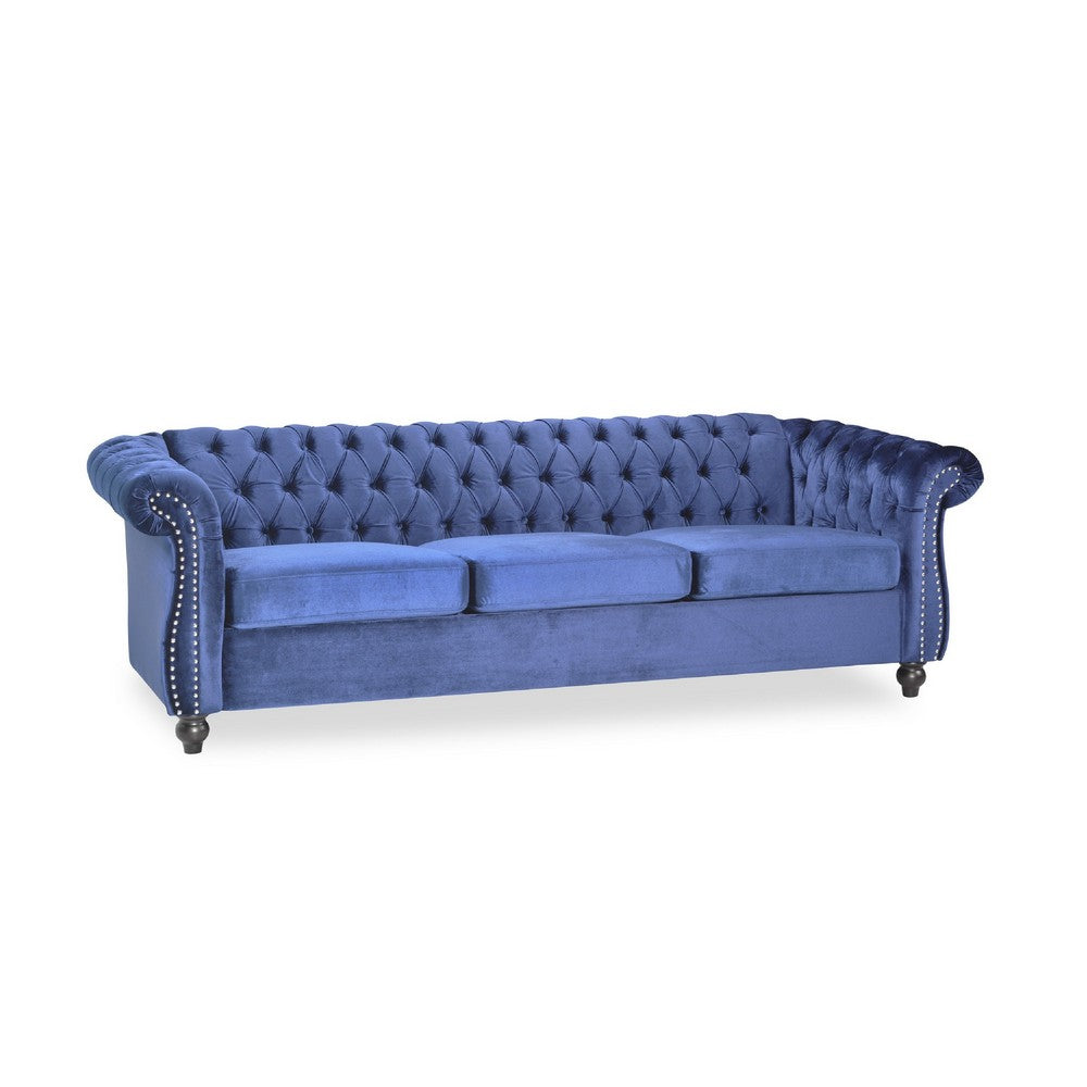 Nisy 3 Seater Sofa, Chesterfield Dark Blue Velvet Tufted Back, 85 Inch -BM335407