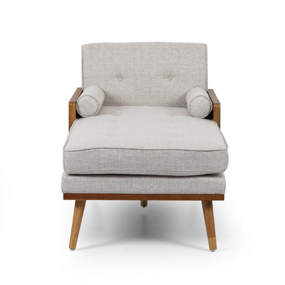 Chaise Lounger with 2 Rolled Pillows, Beige Fabric, Brown Wood 64 Inch -BM335440