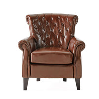 Ranlin Accent Club Chair, Tufted Chestnut Brown Leather, Wood 35 Inch -BM335445