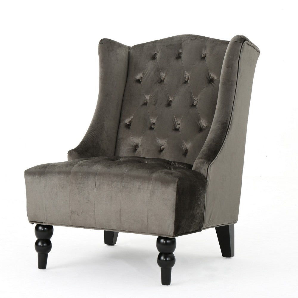 Tesy High Back Accent Club Chair, Gray Tufted Velvet, Black Wood Legs -BM335446