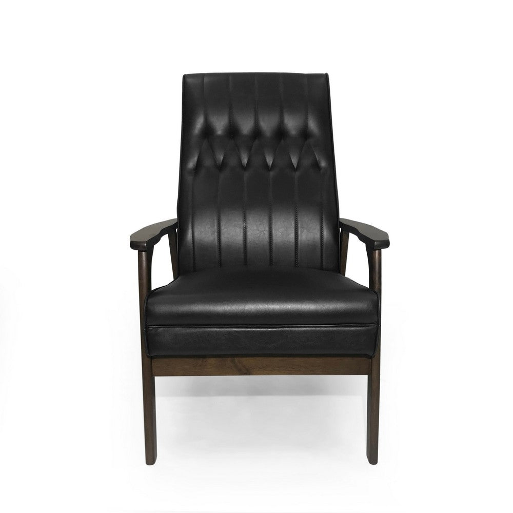 Accent Armchair, Tufted Matte Black Faux Leather, Brown Wood Frame -BM335470