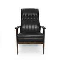 Accent Armchair, Tufted Matte Black Faux Leather, Brown Wood Frame -BM335470