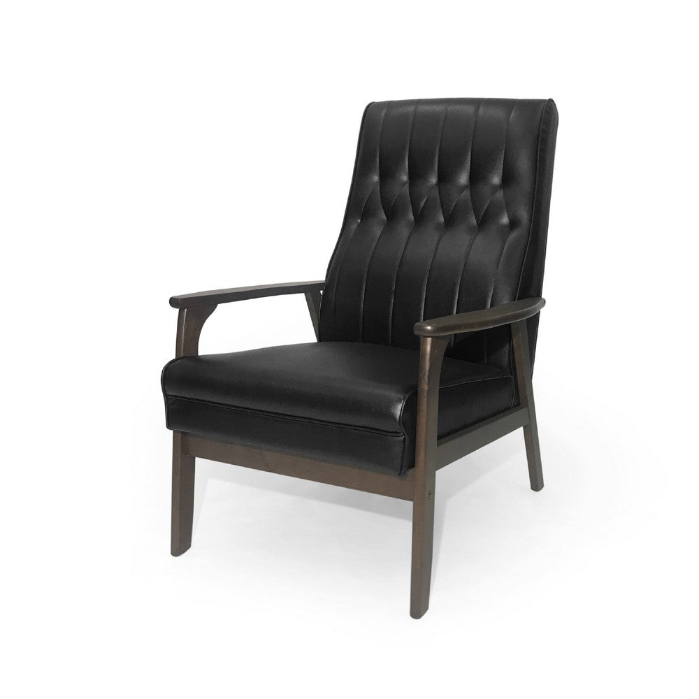 Accent Armchair, Tufted Matte Black Faux Leather, Brown Wood Frame -BM335470