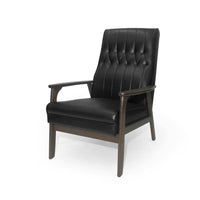 Accent Armchair, Tufted Matte Black Faux Leather, Brown Wood Frame -BM335470