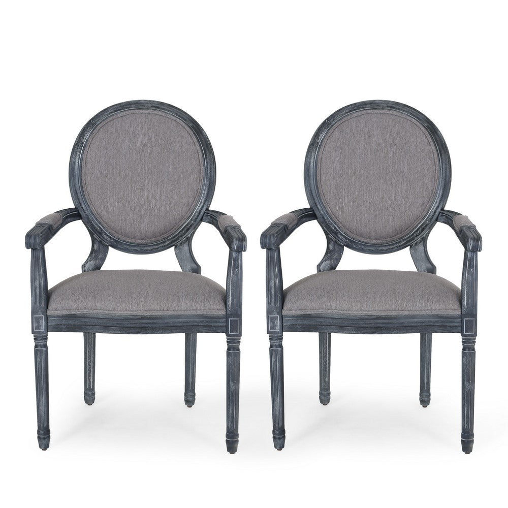 Dining Armchair Set of 2, Gray Rubberwood, Retro Round Fabric Back -BM335637