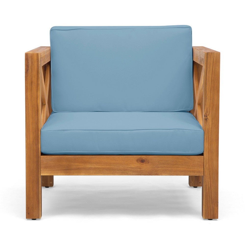 Juna Outdoor Accent Club Chair, Teak Brown Acacia Wood, Blue Fabric -BM335641