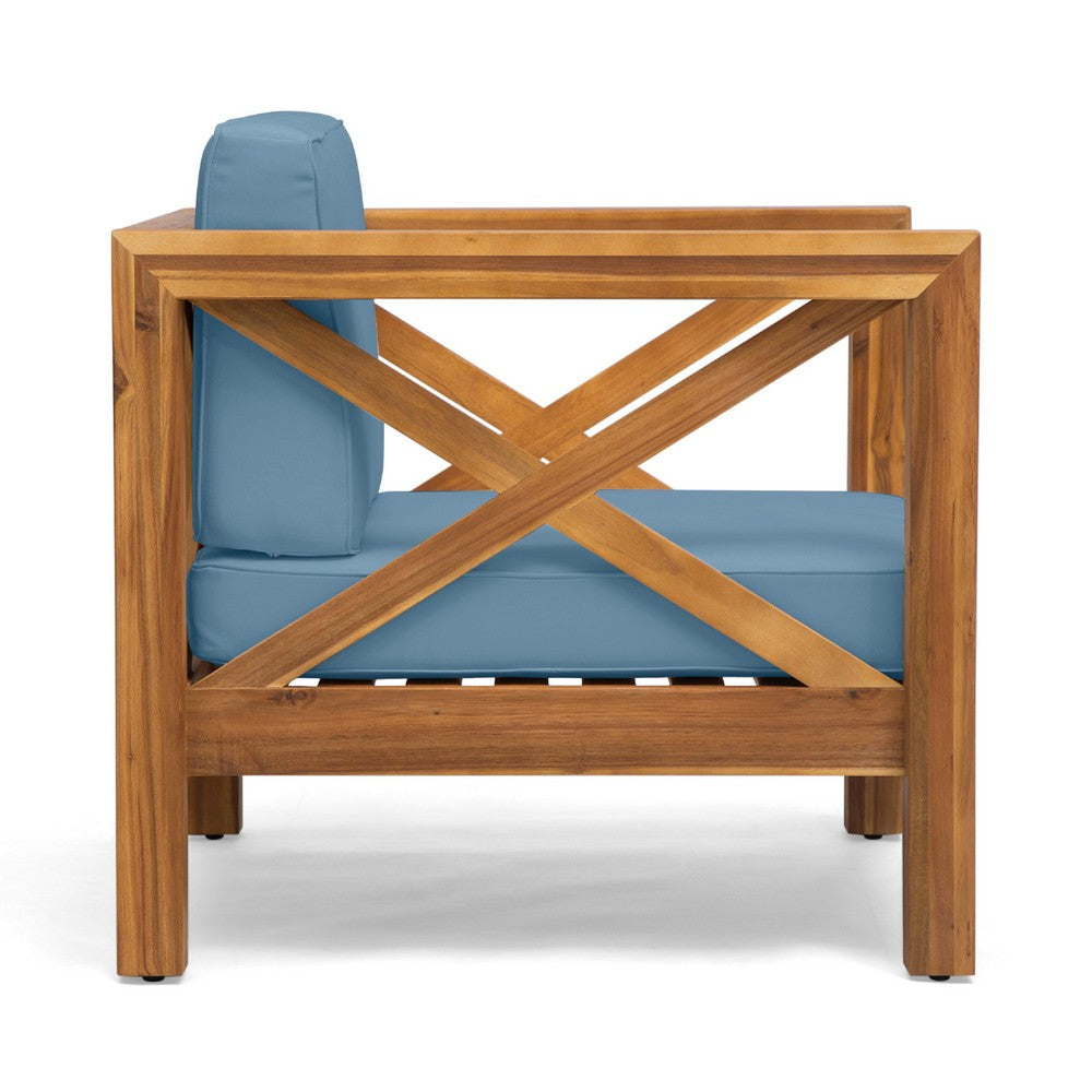 Juna Outdoor Accent Club Chair, Teak Brown Acacia Wood, Blue Fabric -BM335641