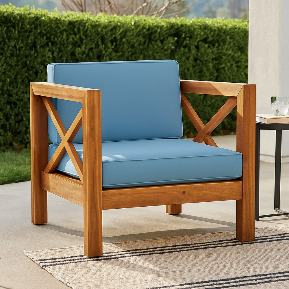 Juna Outdoor Accent Club Chair, Teak Brown Acacia Wood, Blue Fabric -BM335641