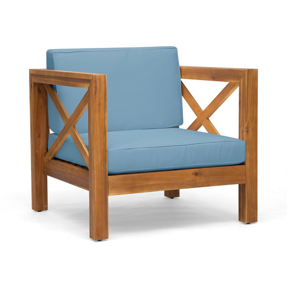 Juna Outdoor Accent Club Chair, Teak Brown Acacia Wood, Blue Fabric -BM335641