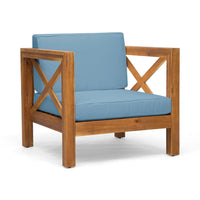 Juna Outdoor Accent Club Chair, Teak Brown Acacia Wood, Blue Fabric -BM335641