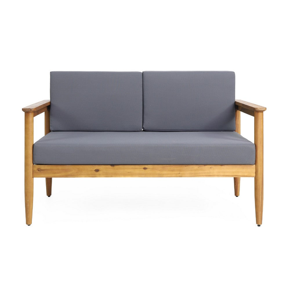 Gavie Outdoor Loveseat, Teak Brown Acacia Wood, Gray Fabric 53 Inch -BM335649