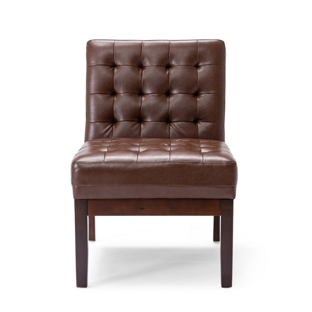Armless Accent Chair, Tufted Dark Brown Faux Leather, Rubberwood Frame -BM335656
