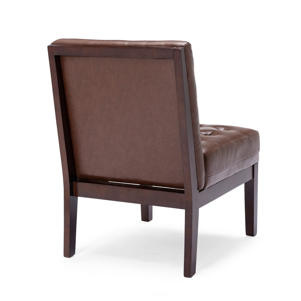 Armless Accent Chair, Tufted Dark Brown Faux Leather, Rubberwood Frame -BM335656