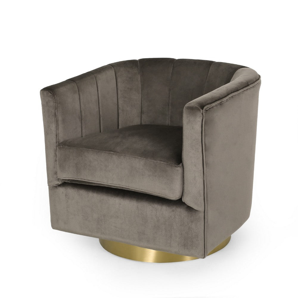 Nera Swivel Armchair, Tufted Gray Velvet, Gold Metal Base, Wood Frame -BM335680