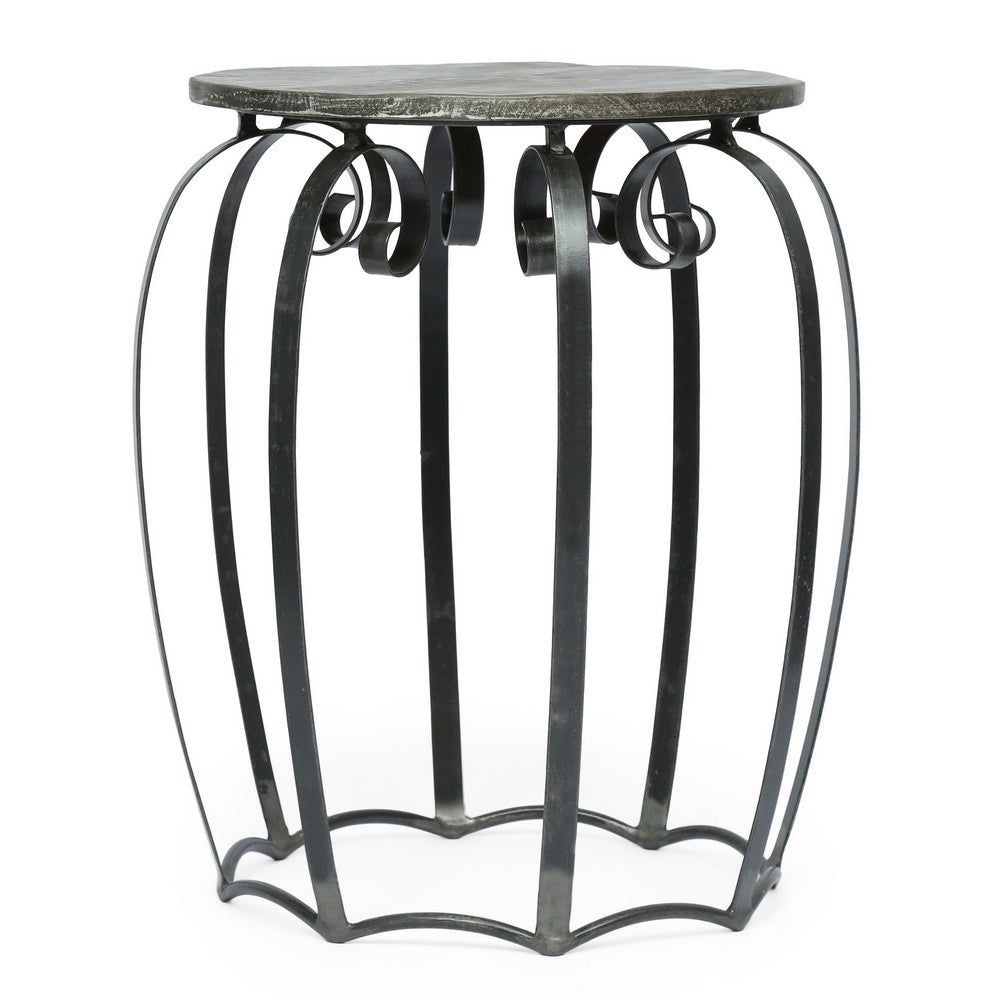 Side End Table, Gray Iron Frame, Round Brown Mango Wood Top, 21 Inch -BM335689