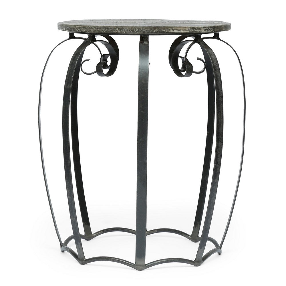 Side End Table, Gray Iron Frame, Round Brown Mango Wood Top, 21 Inch -BM335689