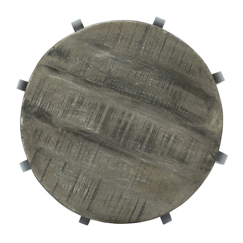 Side End Table, Gray Iron Frame, Round Brown Mango Wood Top, 21 Inch -BM335689