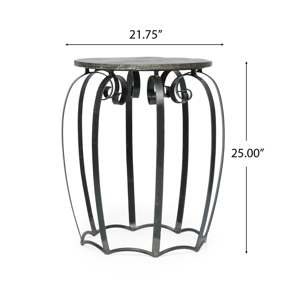 Side End Table, Gray Iron Frame, Round Brown Mango Wood Top, 21 Inch -BM335689