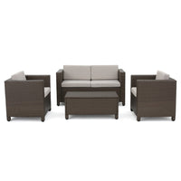 Perie 4 Piece Outdoor Sofa Chair and Table Set, Brown Rattan, White -BM335691